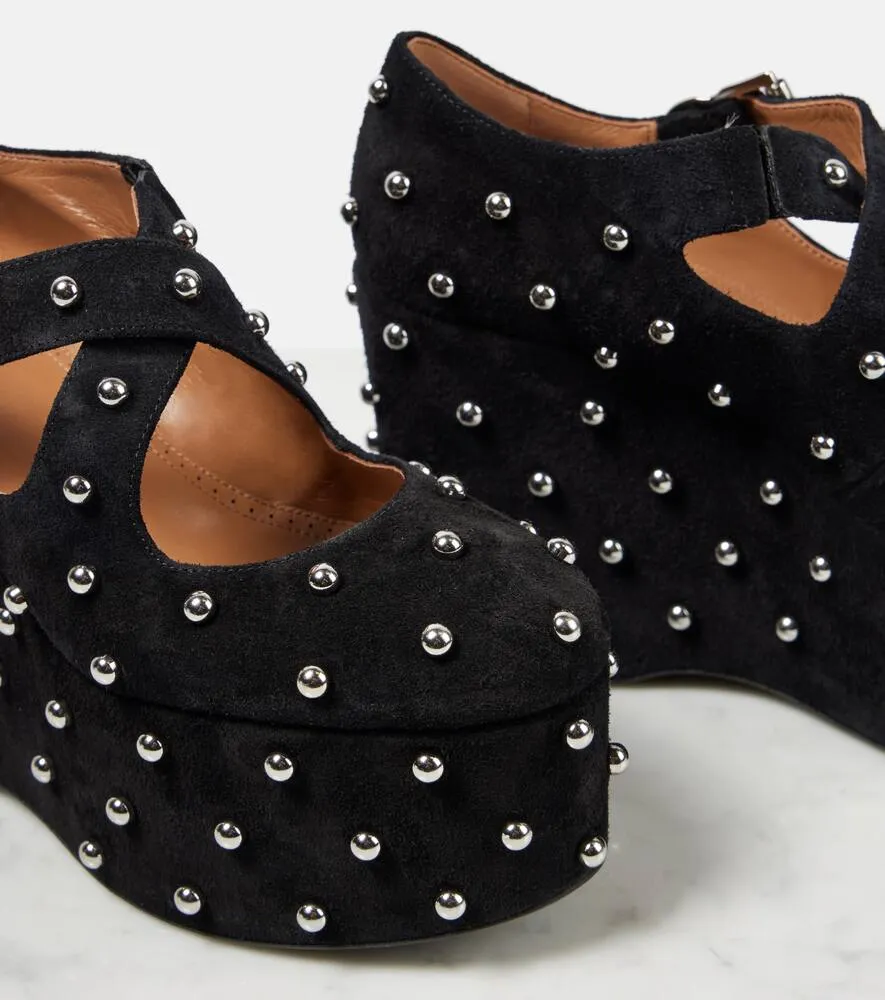 Alaia Crisscrossed studded suede ballet flats