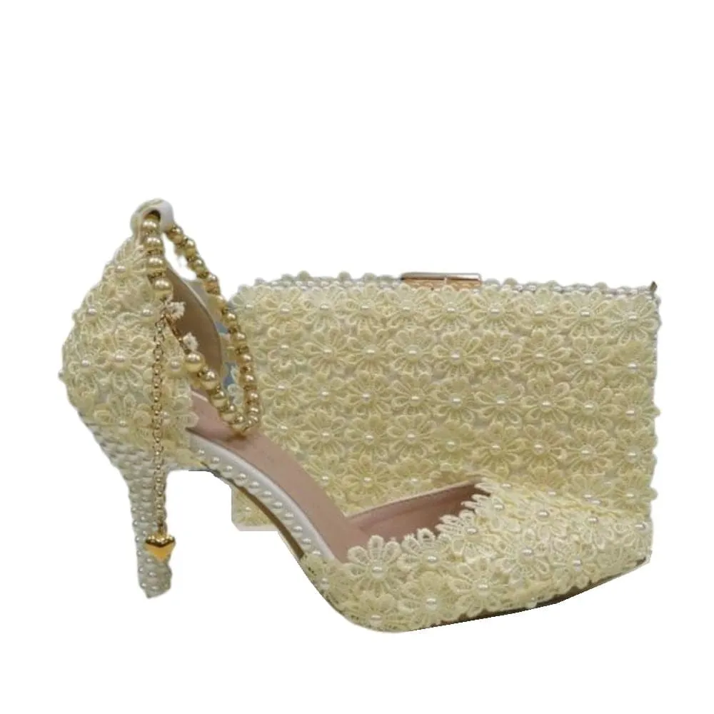 BAYA Women's Fashion Elegant Sea Blue Flower Lace Design Wedding Shoes with Matching Handbag