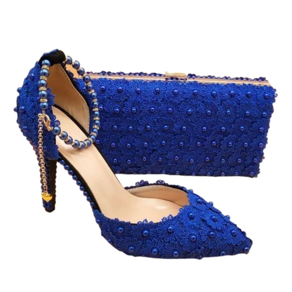 BAYA Women's Fashion Elegant Sea Blue Flower Lace Design Wedding Shoes with Matching Handbag