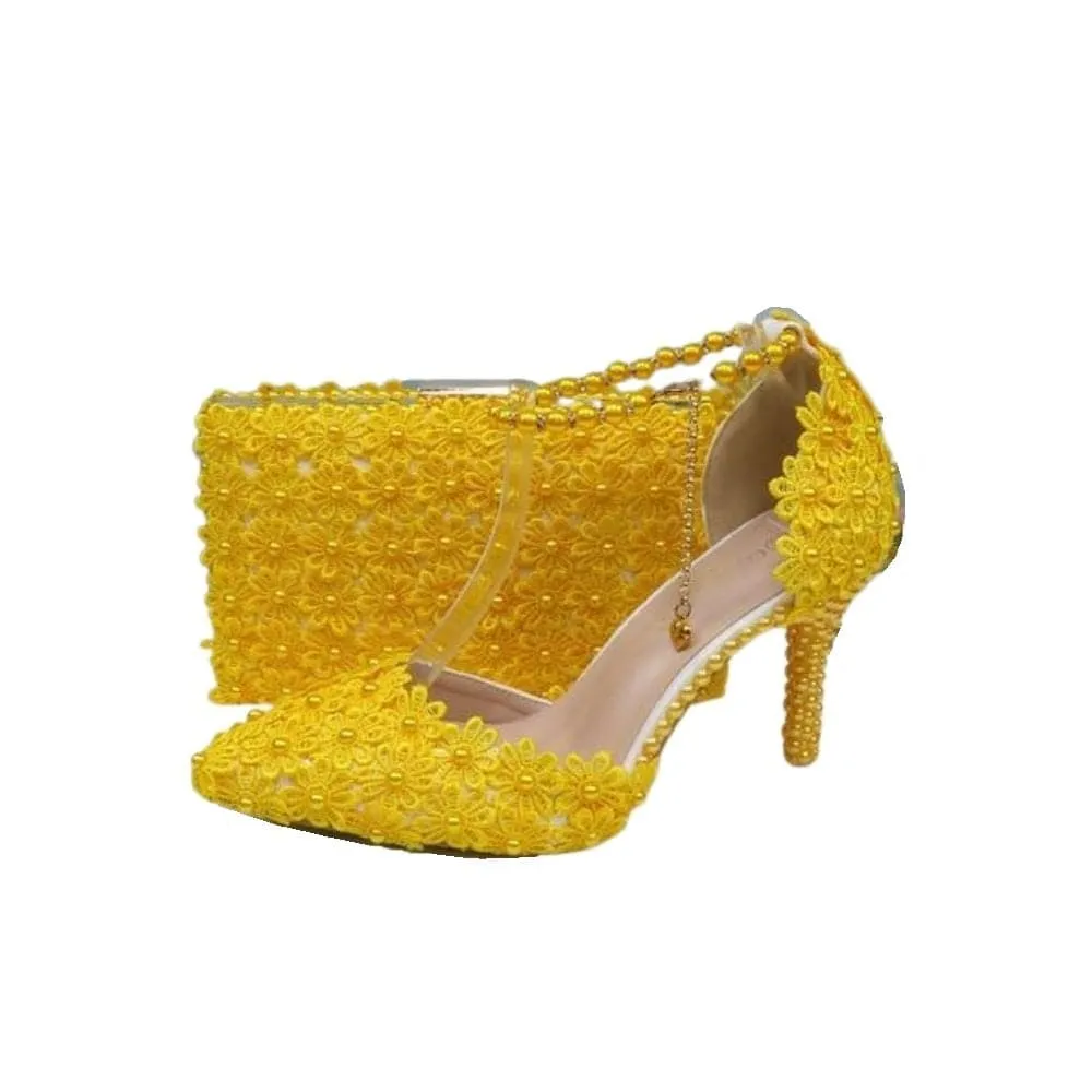 BAYA Women's Fashion Elegant Sea Blue Flower Lace Design Wedding Shoes with Matching Handbag