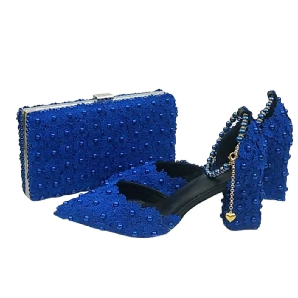BAYA Women's Fashion Elegant Sea Blue Flower Lace Design Wedding Shoes with Matching Handbag
