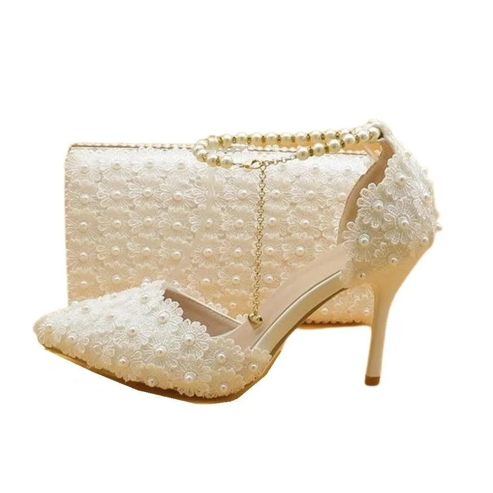 BAYA Women's Fashion Elegant Sea Blue Flower Lace Design Wedding Shoes with Matching Handbag