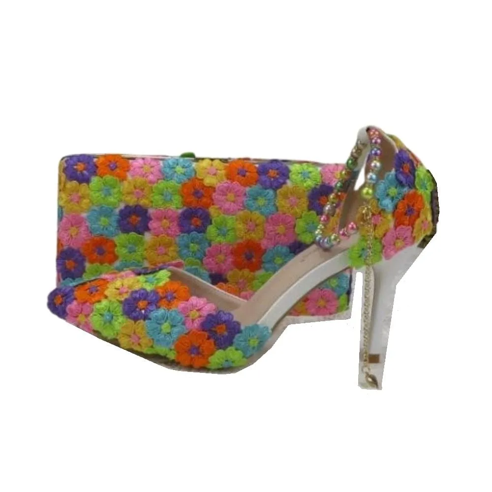 BAYA Women's Fashion Elegant Sea Blue Flower Lace Design Wedding Shoes with Matching Handbag