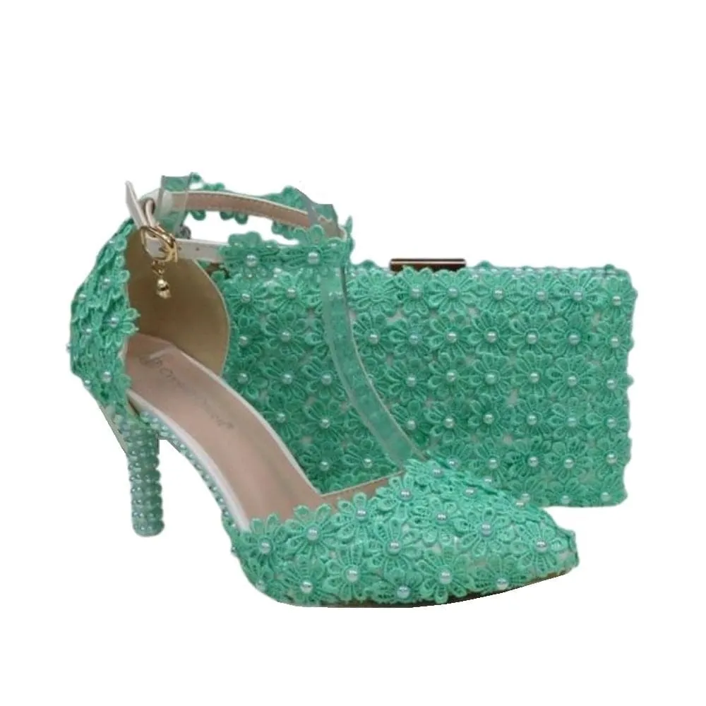 BAYA Women's Fashion Elegant Sea Blue Flower Lace Design Wedding Shoes with Matching Handbag