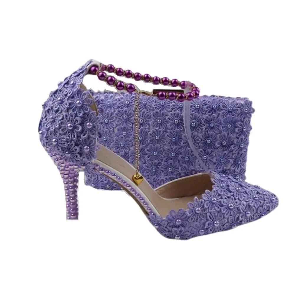 BAYA Women's Fashion Elegant Sea Blue Flower Lace Design Wedding Shoes with Matching Handbag