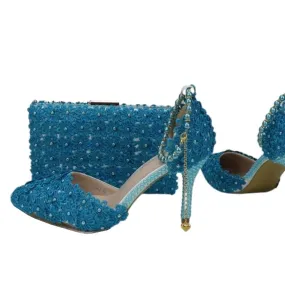 BAYA Women's Fashion Elegant Sea Blue Flower Lace Design Wedding Shoes with Matching Handbag