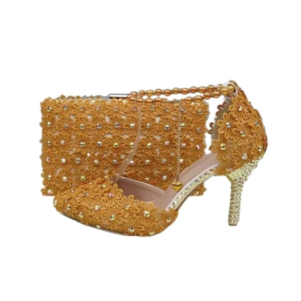 BAYA Women's Fashion Elegant Sea Blue Flower Lace Design Wedding Shoes with Matching Handbag