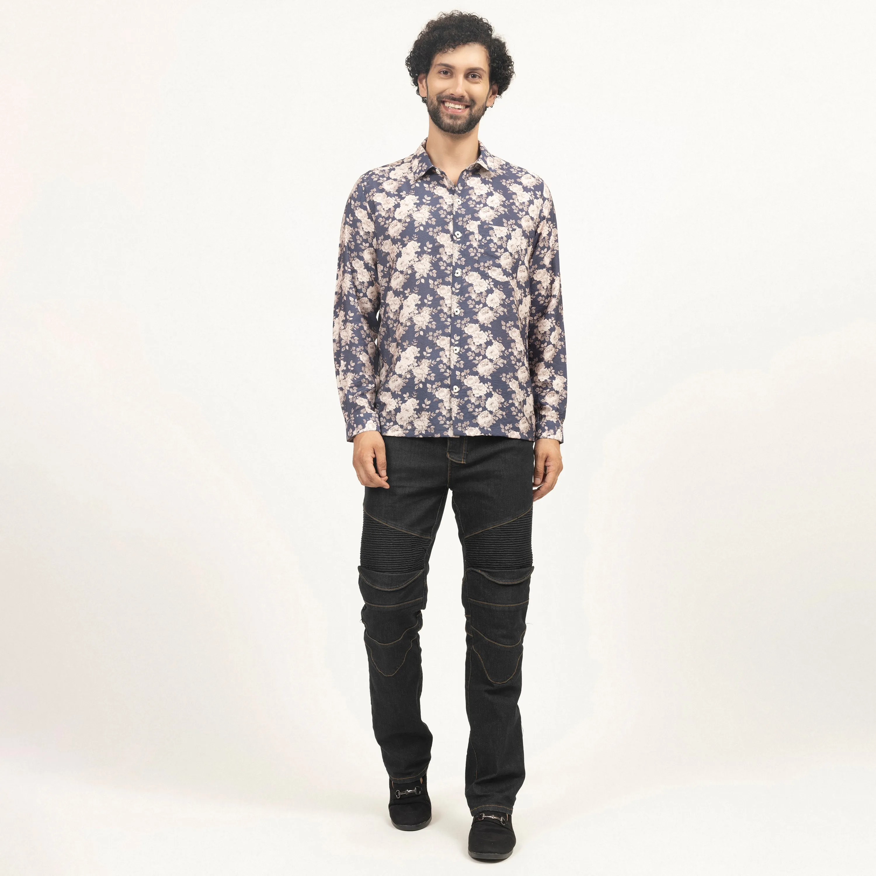 Blue Floral Printed Full Sleeves Shirt