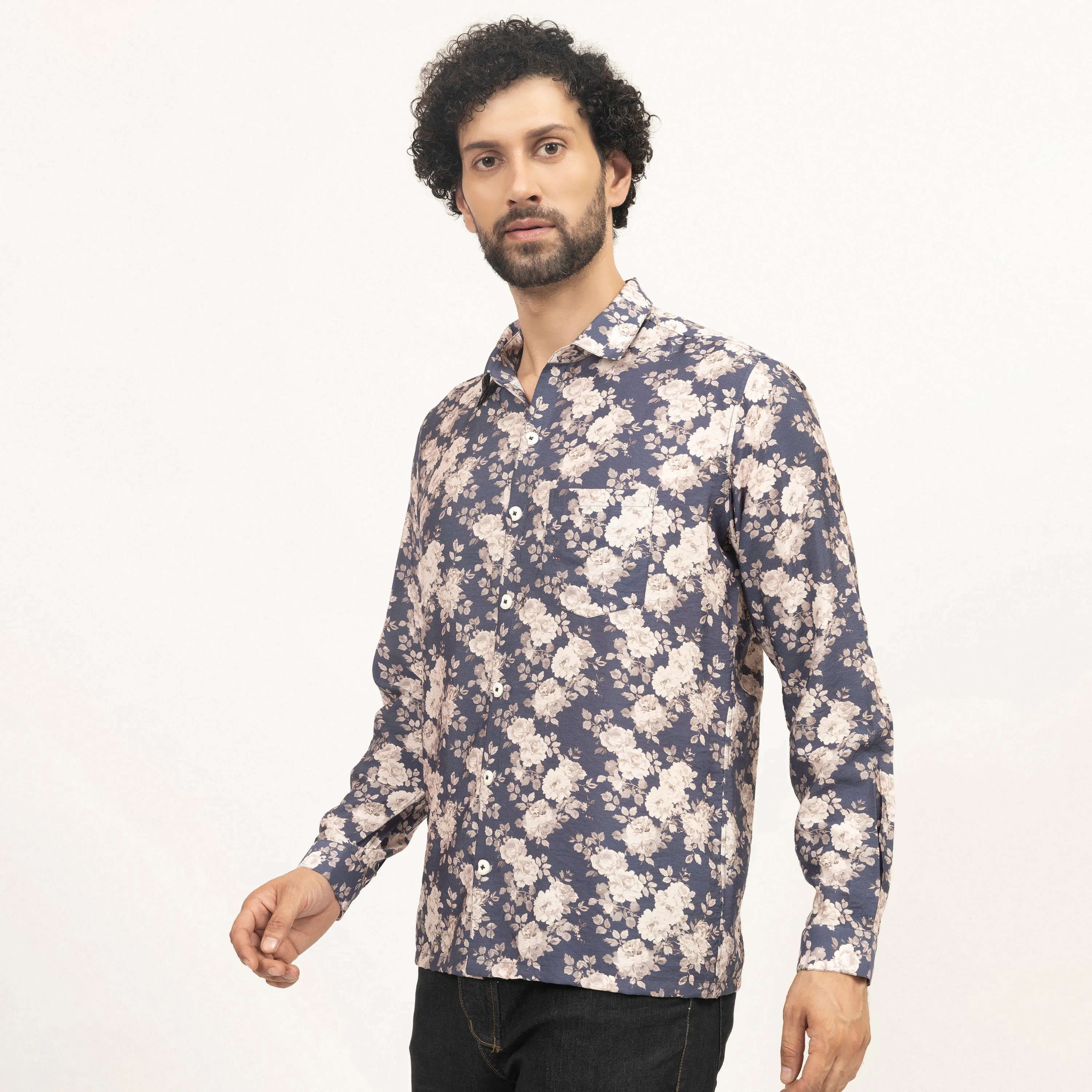 Blue Floral Printed Full Sleeves Shirt