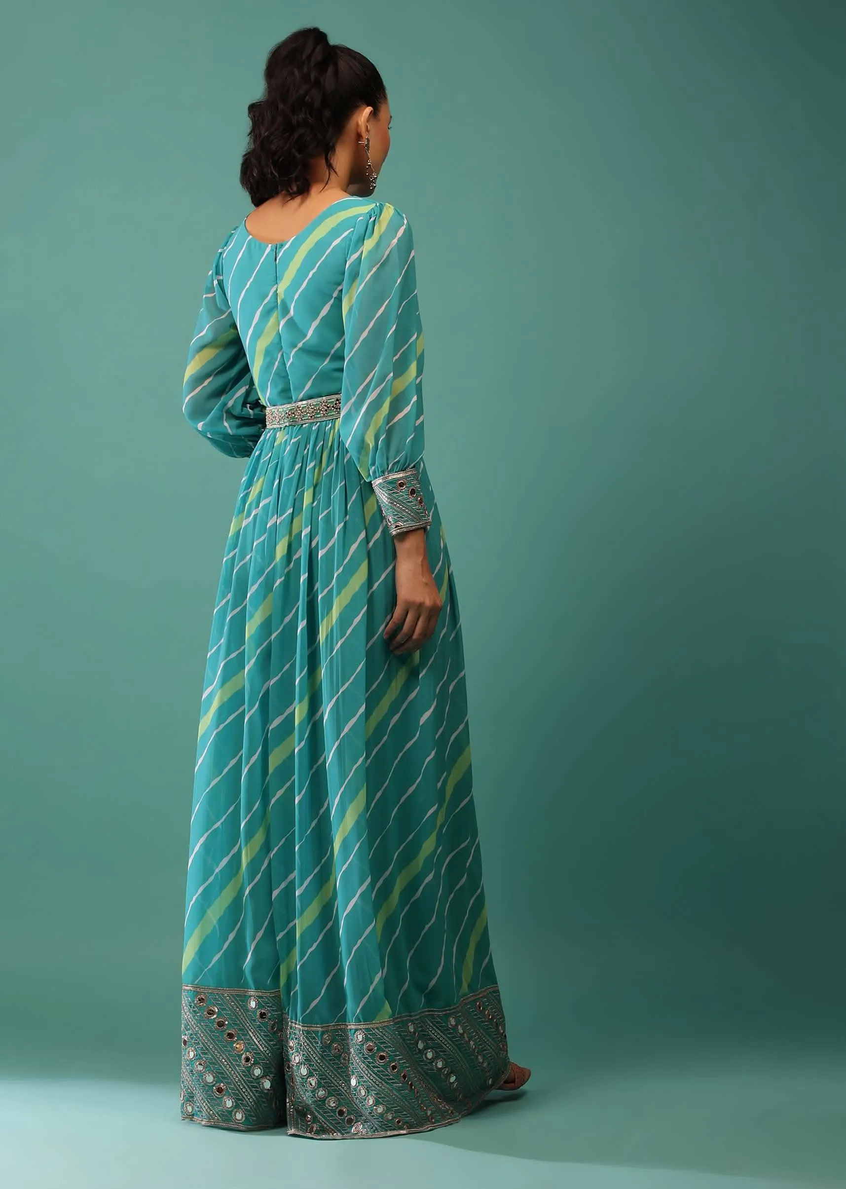 Blue Jumpsuit With Leheriya Print And Mirror Work