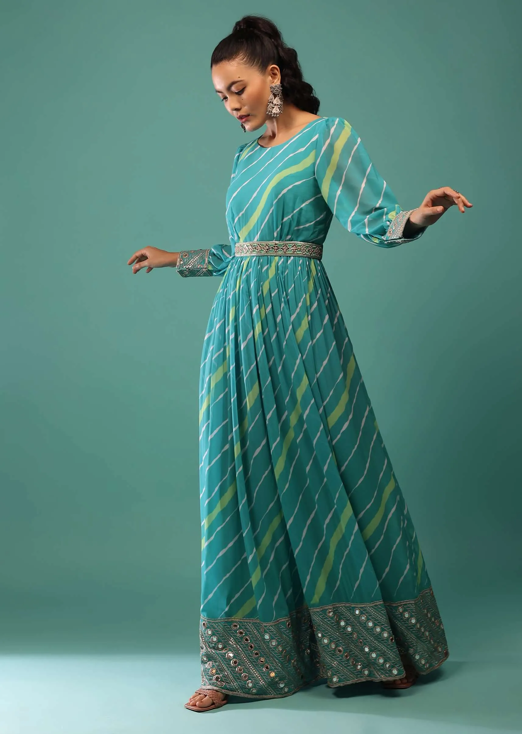 Blue Jumpsuit With Leheriya Print And Mirror Work
