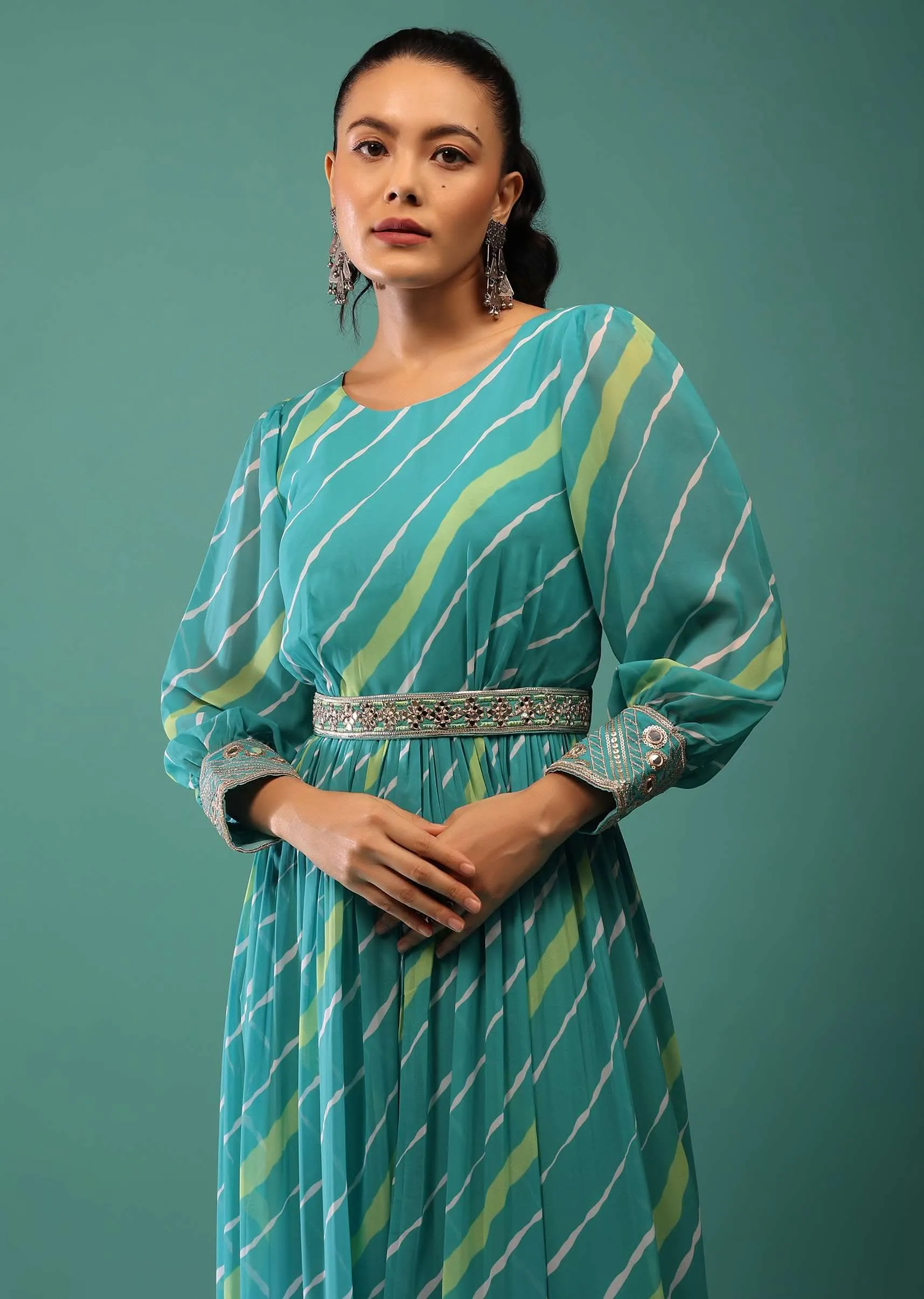 Blue Jumpsuit With Leheriya Print And Mirror Work