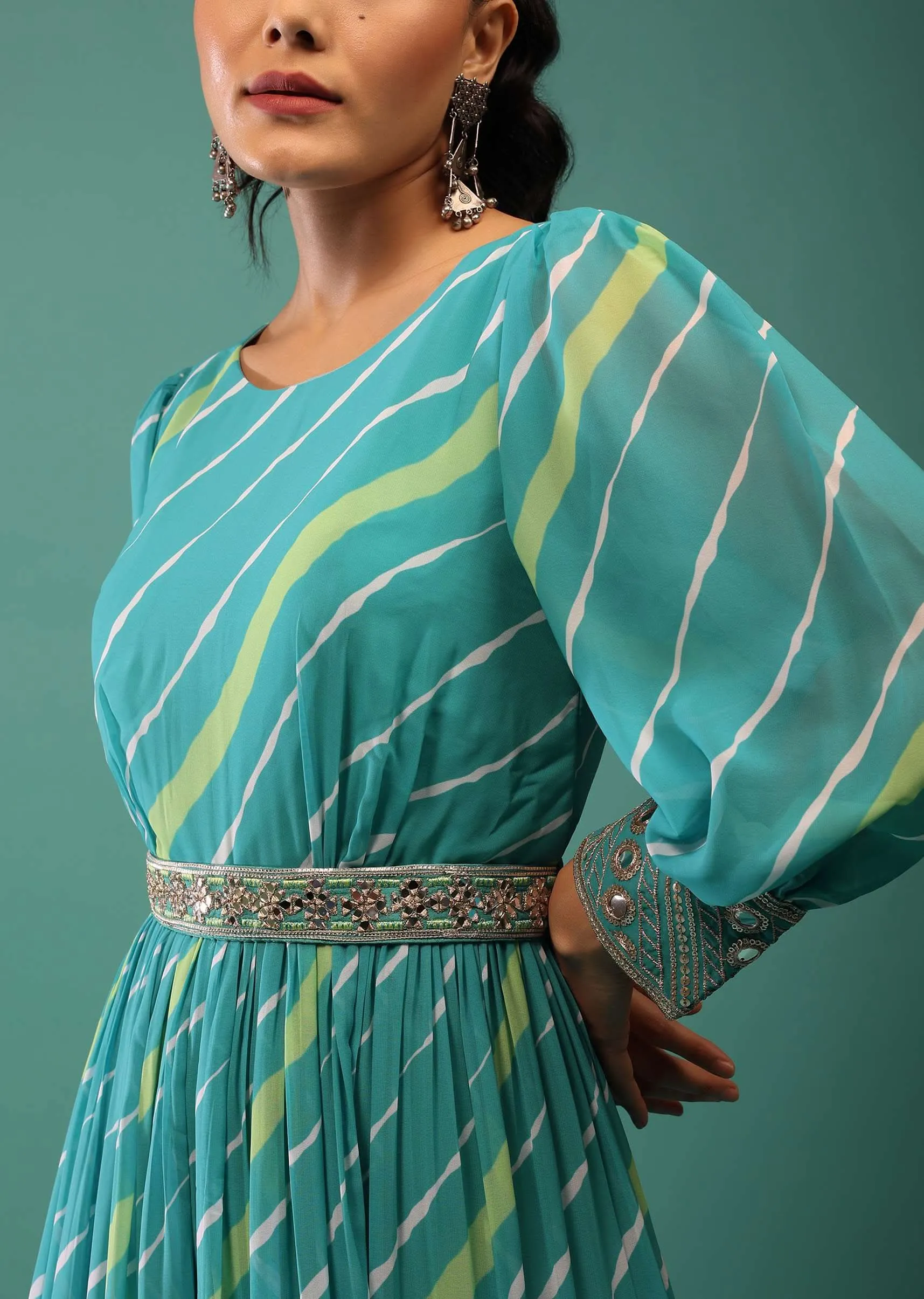 Blue Jumpsuit With Leheriya Print And Mirror Work