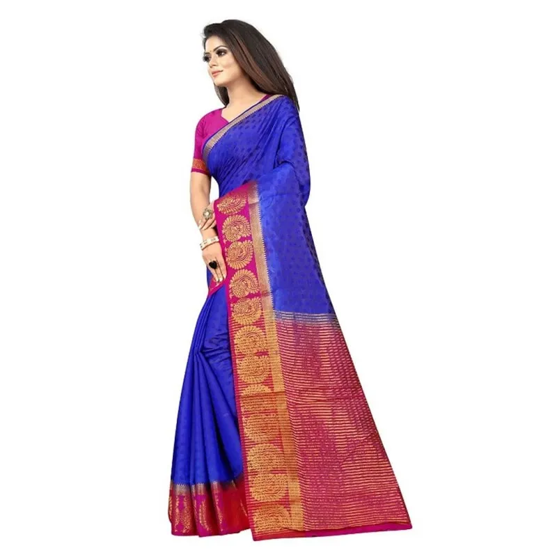 Blue Woven Design Kanjeevaram Saree with Blouse piece