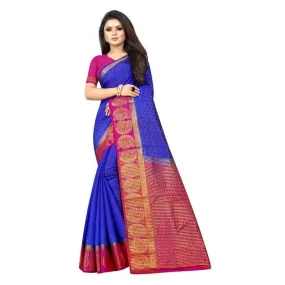 Blue Woven Design Kanjeevaram Saree with Blouse piece