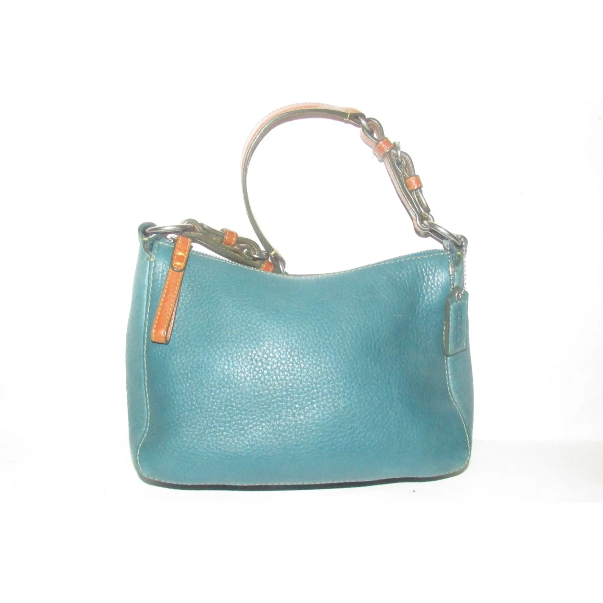 Coach, 'Chelsea' hobo, in a teal soft leather, hobo style purse with a brown, strap with unique chrome buckles