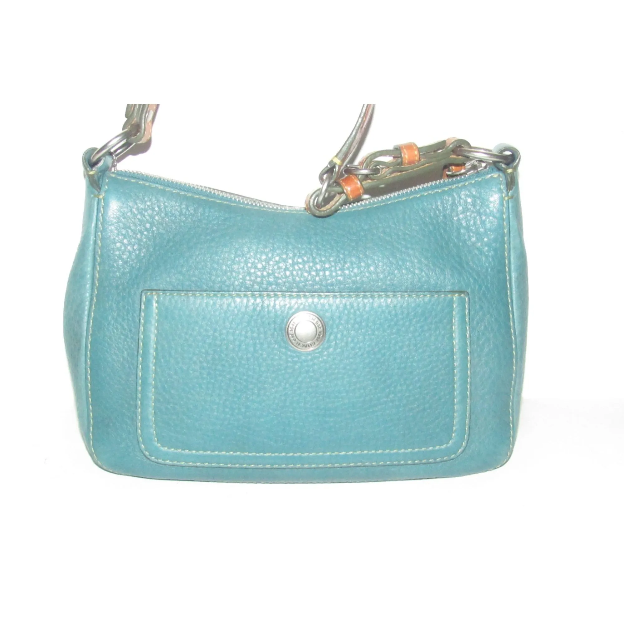 Coach, 'Chelsea' hobo, in a teal soft leather, hobo style purse with a brown, strap with unique chrome buckles