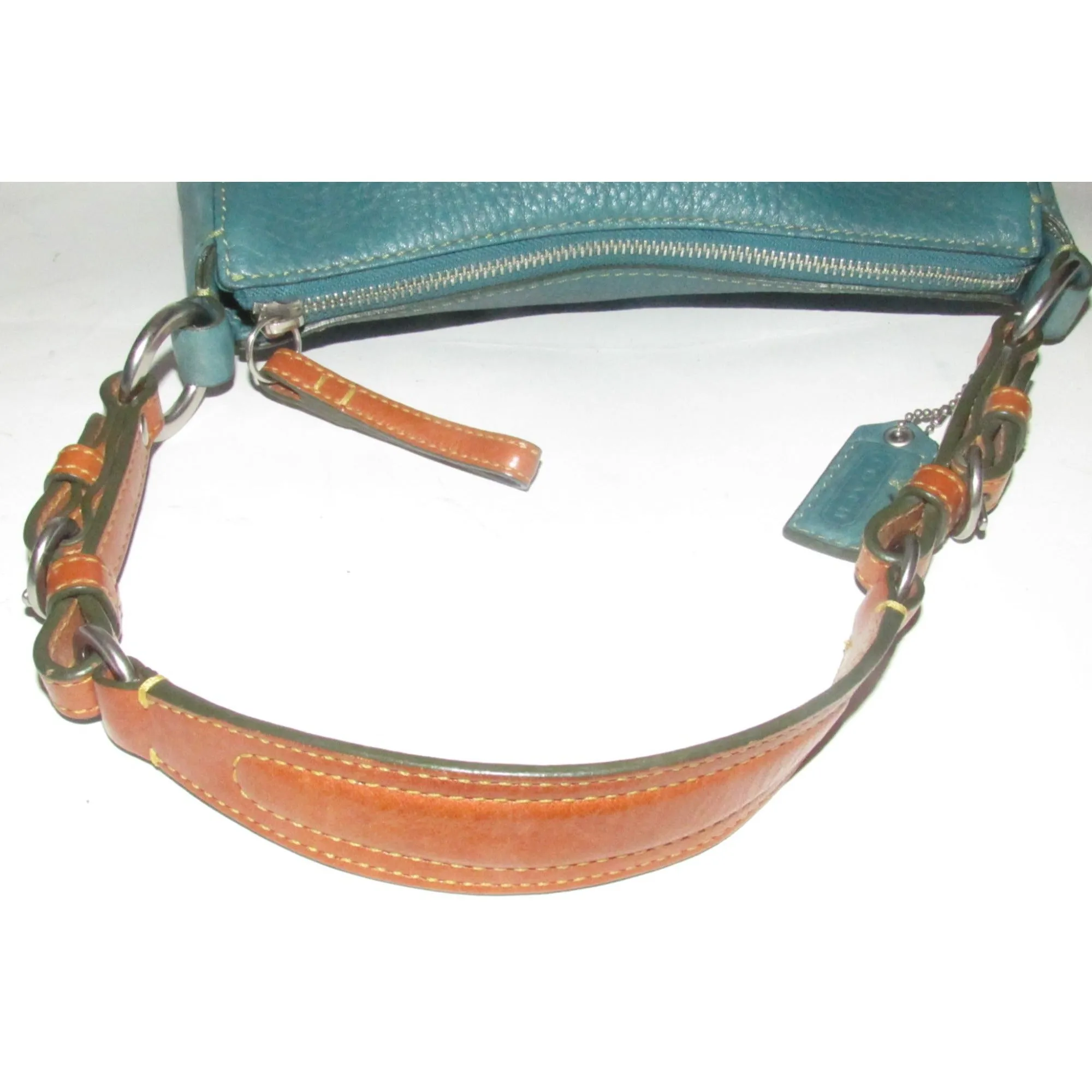 Coach, 'Chelsea' hobo, in a teal soft leather, hobo style purse with a brown, strap with unique chrome buckles