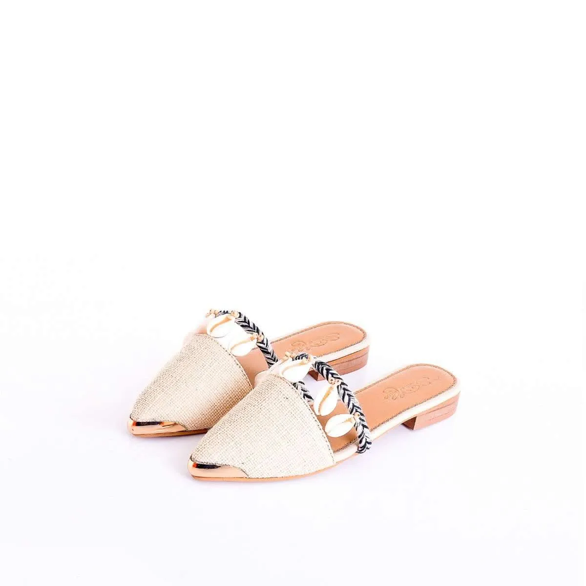 Cream Beige Mules Adorned In Wooden Beads And Conchas Along With Black Braiding By Sole House
