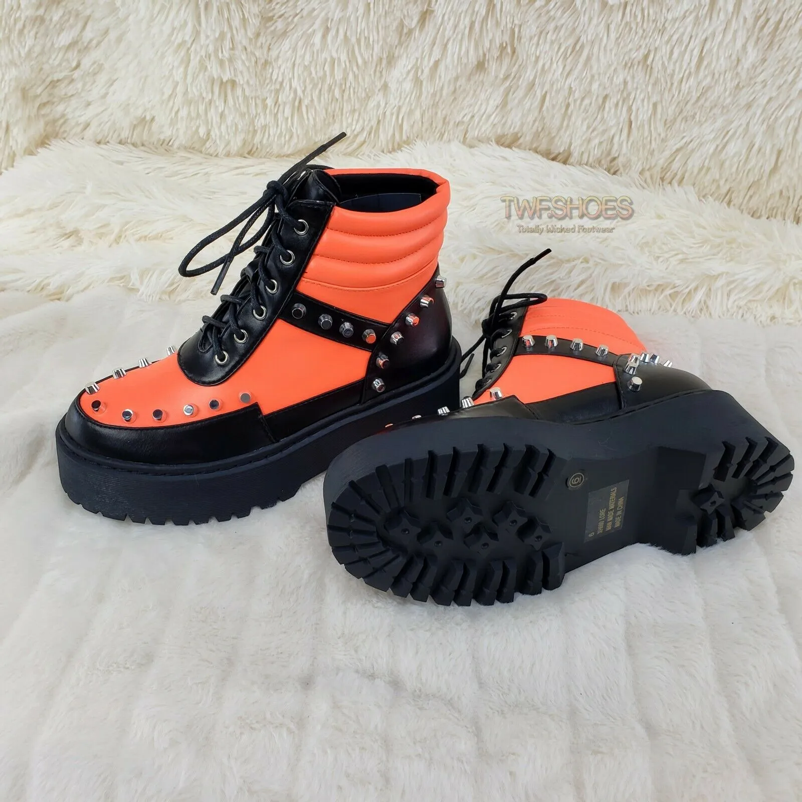 Cyber Punk Cap Stud Combat Sneaker Ankle Boots 2 Tone Neon Orange Black 6-11