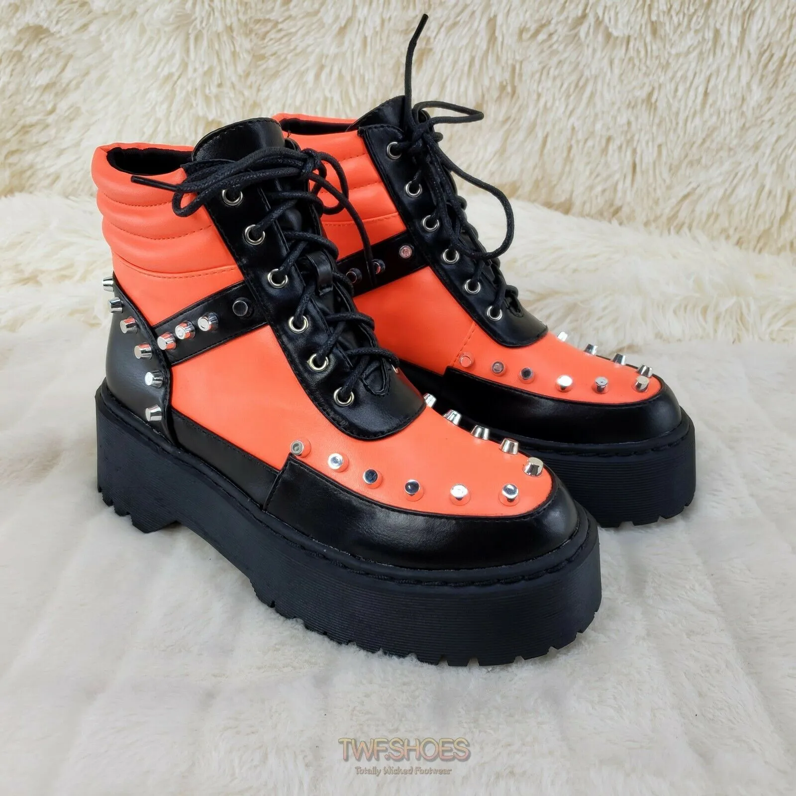 Cyber Punk Cap Stud Combat Sneaker Ankle Boots 2 Tone Neon Orange Black 6-11