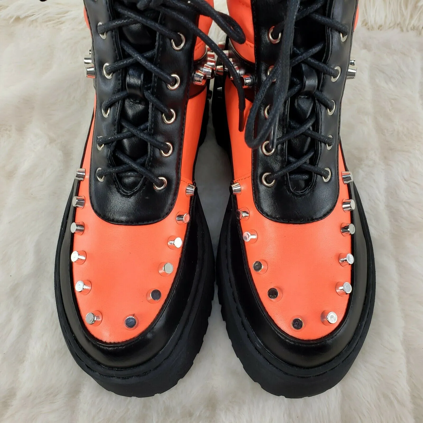 Cyber Punk Cap Stud Combat Sneaker Ankle Boots 2 Tone Neon Orange Black 6-11