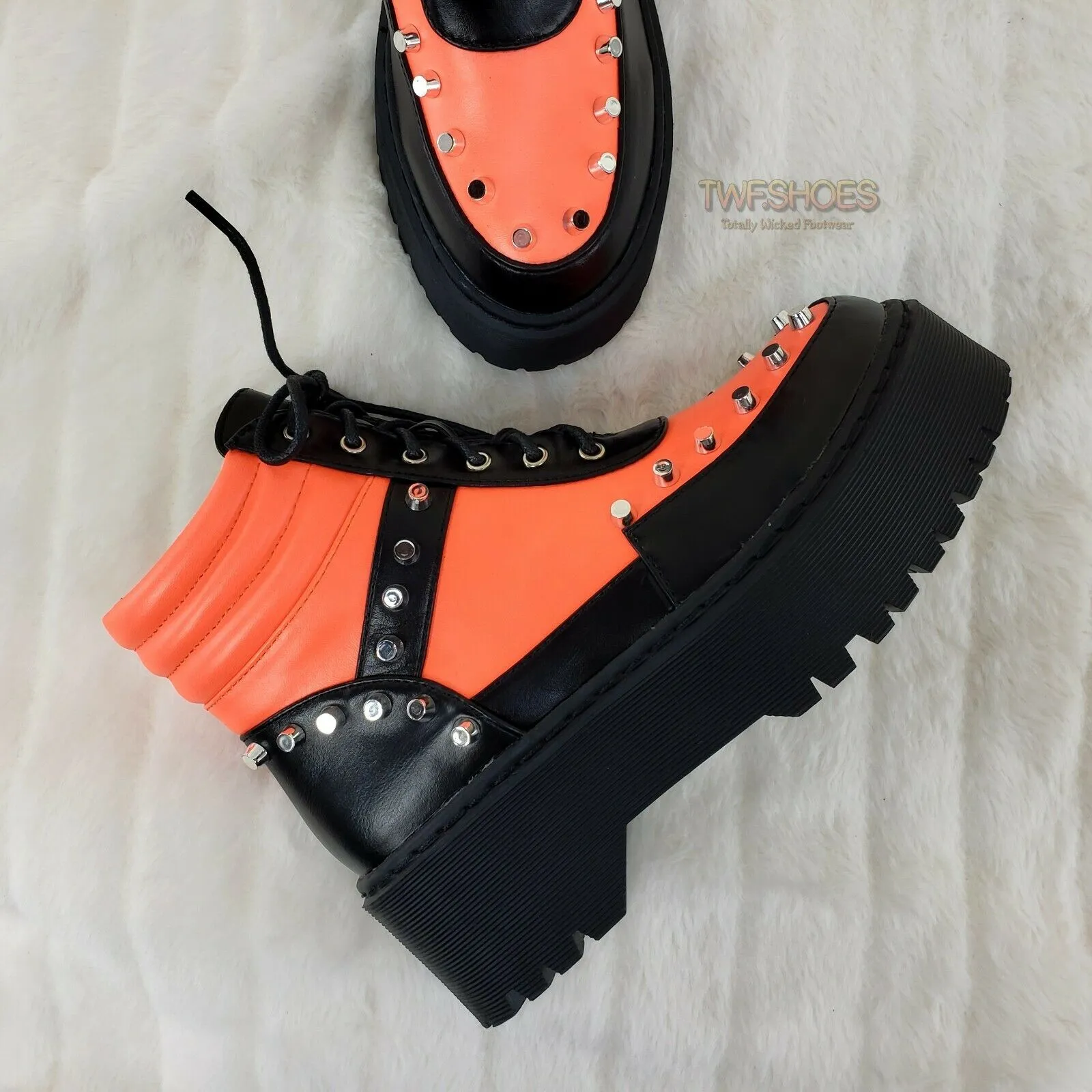 Cyber Punk Cap Stud Combat Sneaker Ankle Boots 2 Tone Neon Orange Black 6-11
