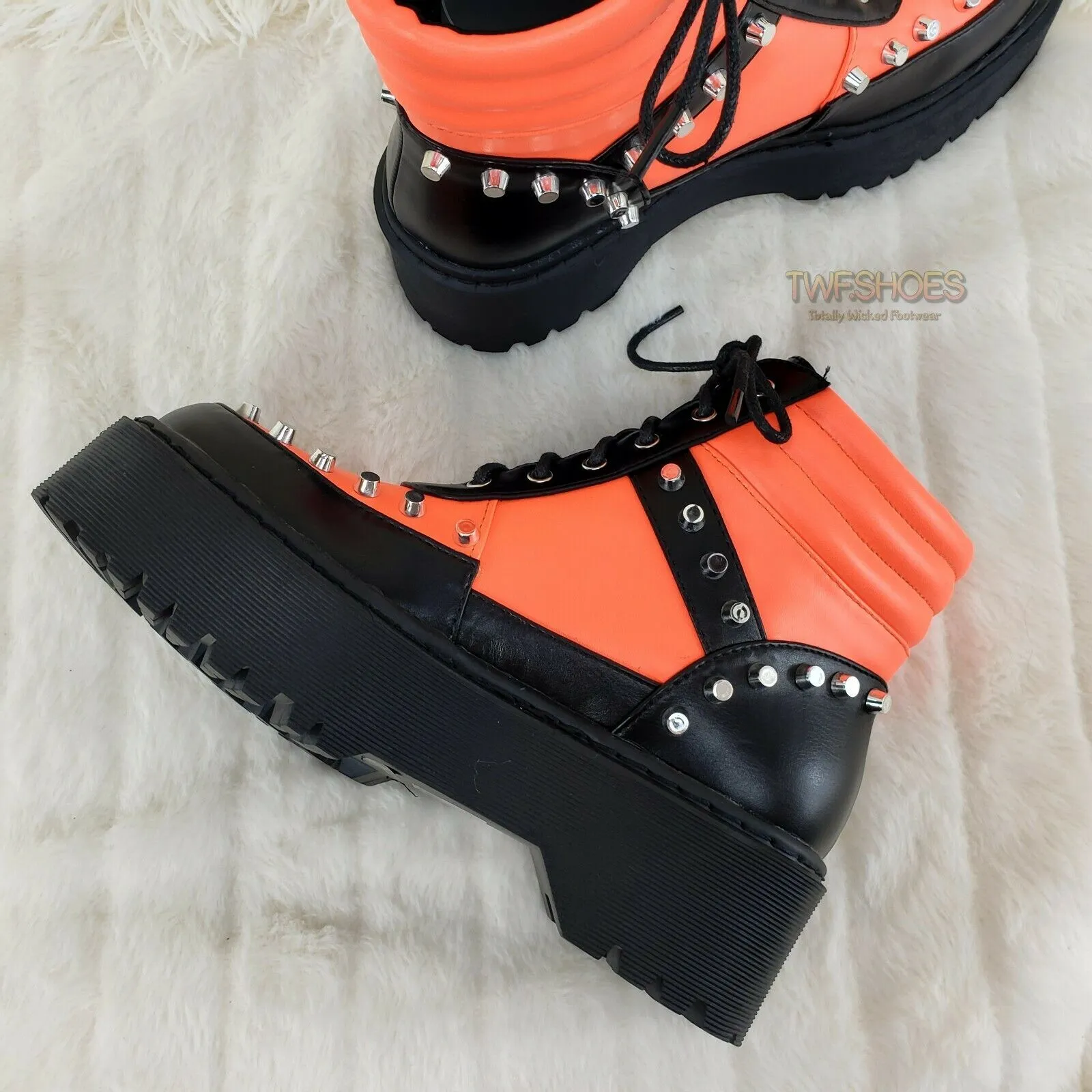 Cyber Punk Cap Stud Combat Sneaker Ankle Boots 2 Tone Neon Orange Black 6-11