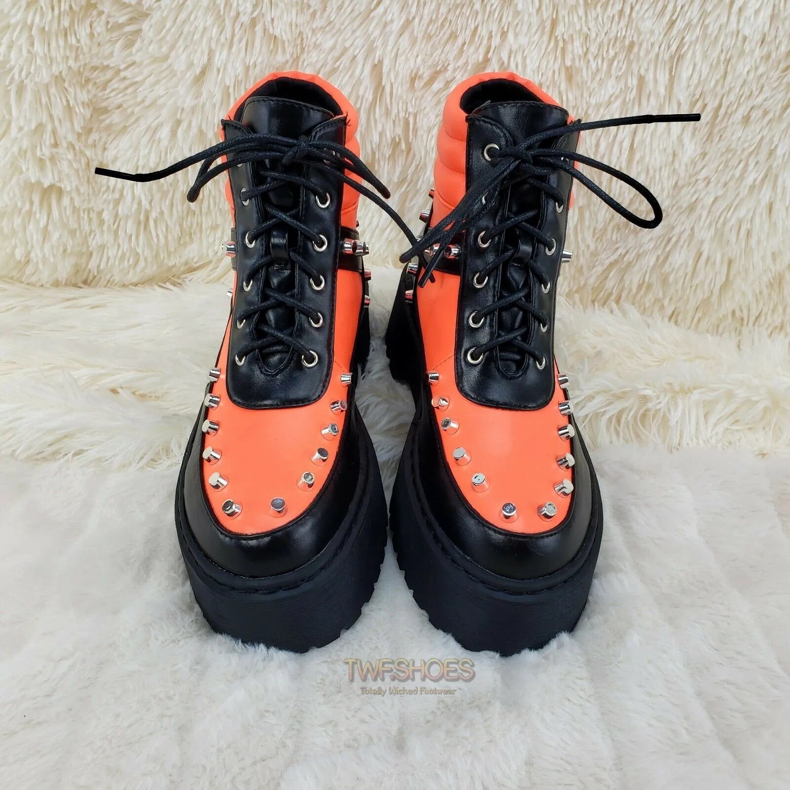 Cyber Punk Cap Stud Combat Sneaker Ankle Boots 2 Tone Neon Orange Black 6-11
