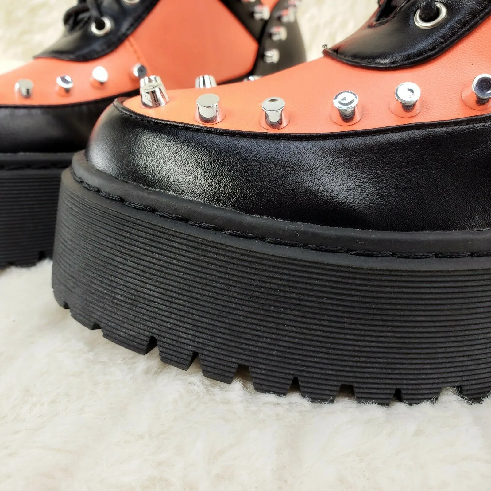 Cyber Punk Cap Stud Combat Sneaker Ankle Boots 2 Tone Neon Orange Black 6-11