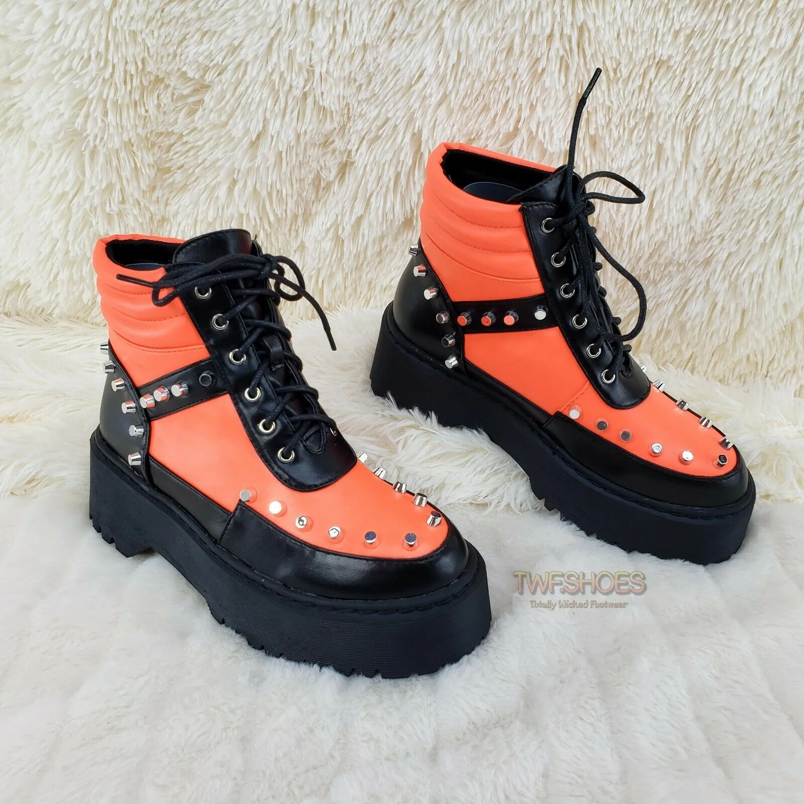 Cyber Punk Cap Stud Combat Sneaker Ankle Boots 2 Tone Neon Orange Black 6-11