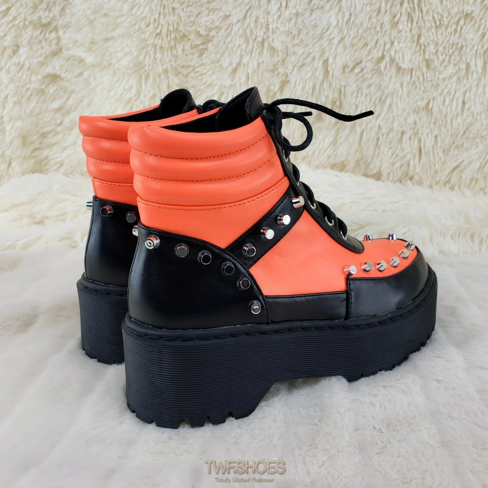 Cyber Punk Cap Stud Combat Sneaker Ankle Boots 2 Tone Neon Orange Black 6-11