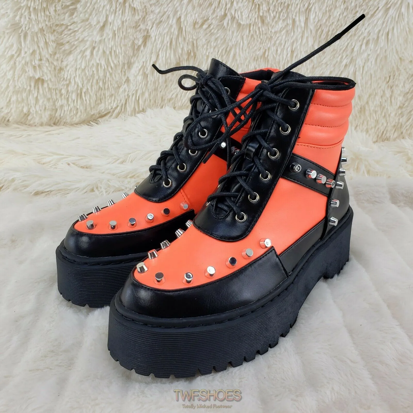 Cyber Punk Cap Stud Combat Sneaker Ankle Boots 2 Tone Neon Orange Black 6-11