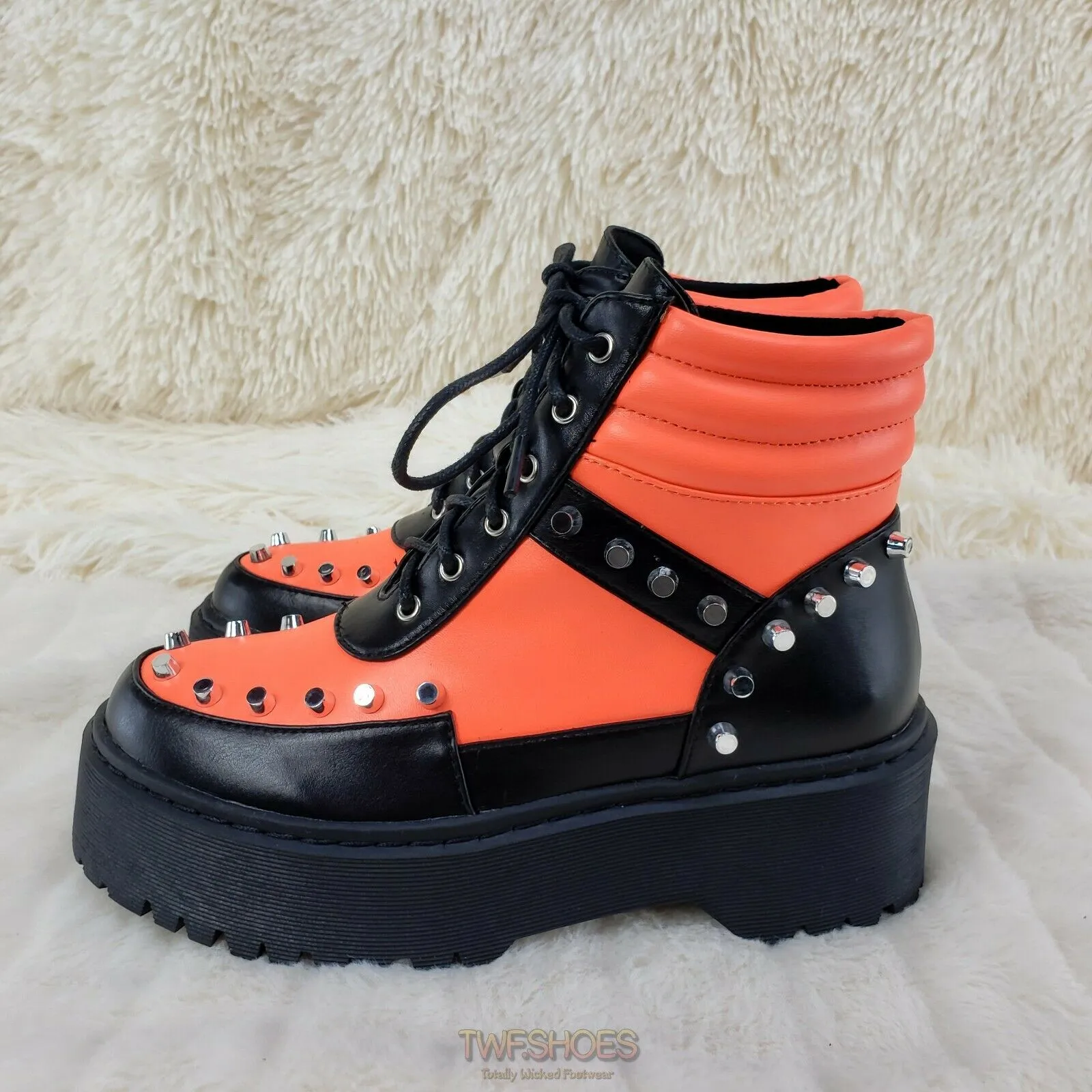 Cyber Punk Cap Stud Combat Sneaker Ankle Boots 2 Tone Neon Orange Black 6-11