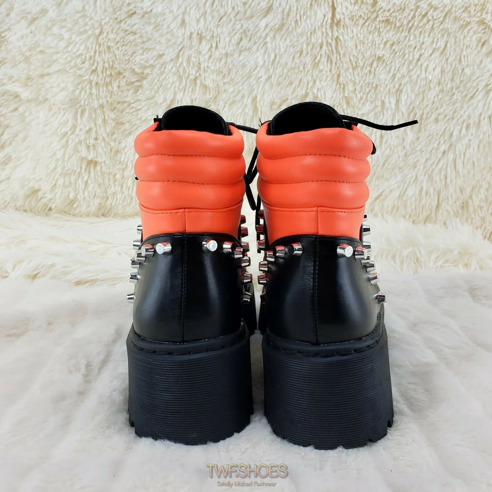Cyber Punk Cap Stud Combat Sneaker Ankle Boots 2 Tone Neon Orange Black 6-11