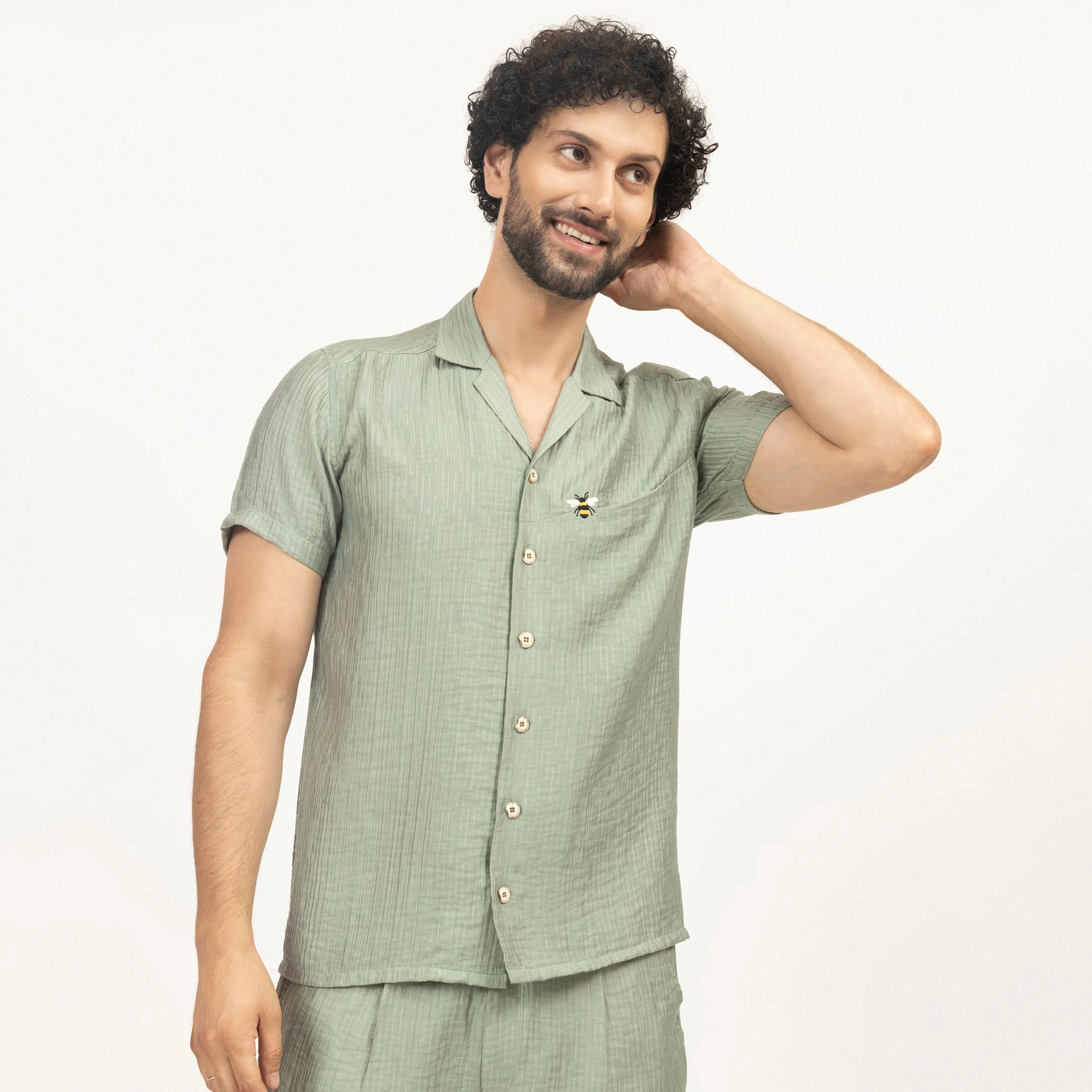 Green Double Gauze Shirt With Bee Embroidery