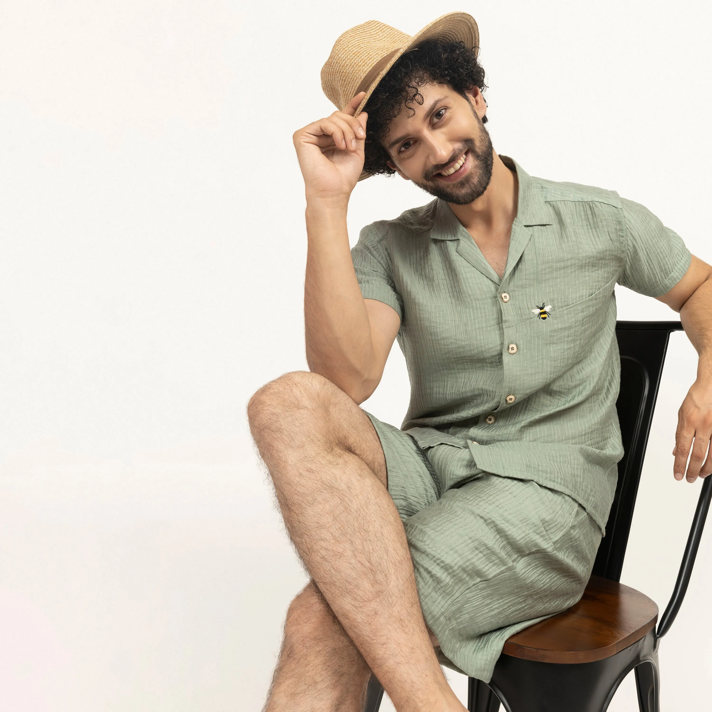 Green Double Gauze Shirt With Bee Embroidery