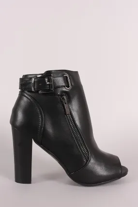 Leather Peep Toe Buckled Zipper Chunky Heeled Ankle Boots