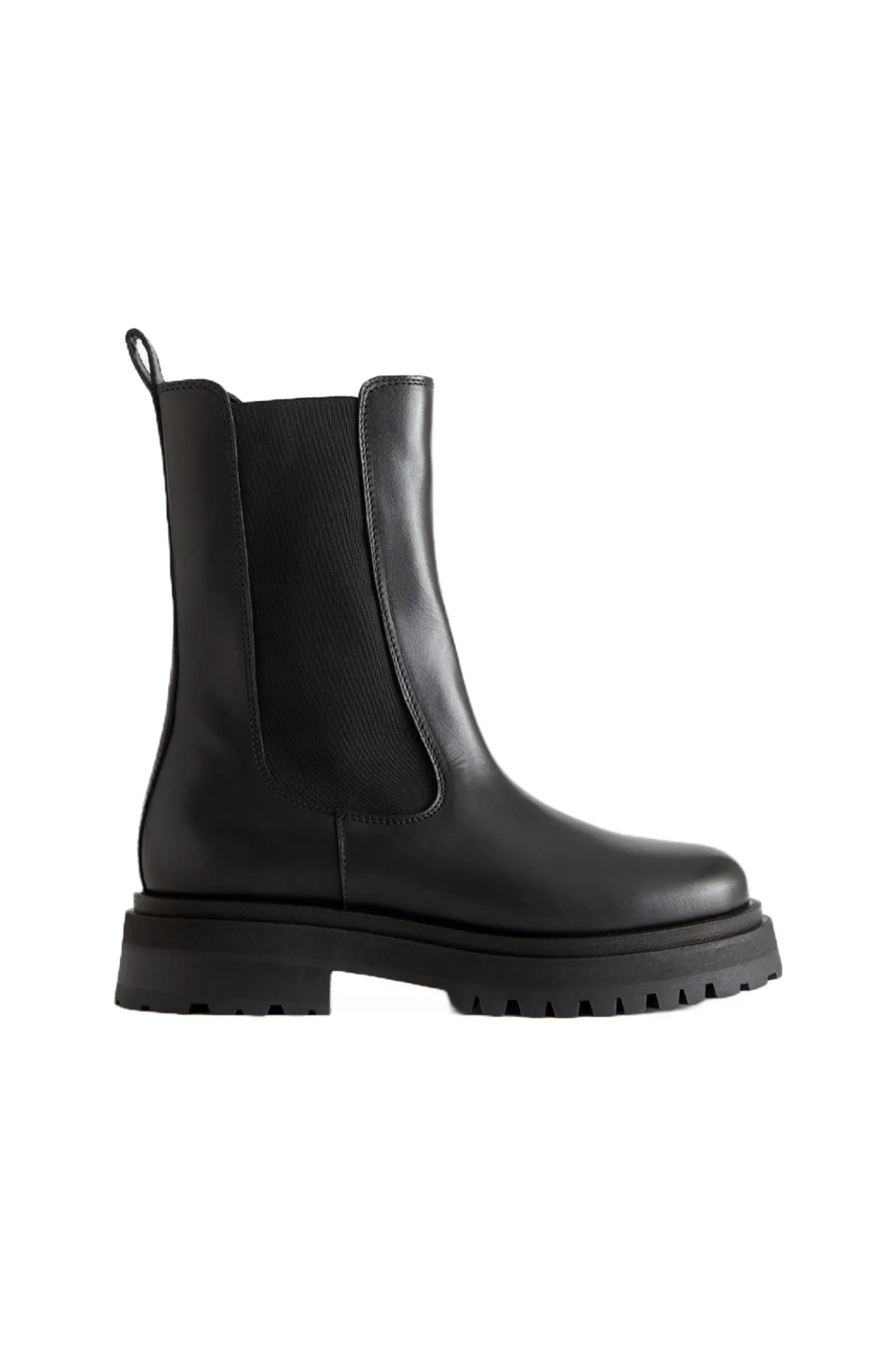 Leather Pull On Chunky Boots in Black