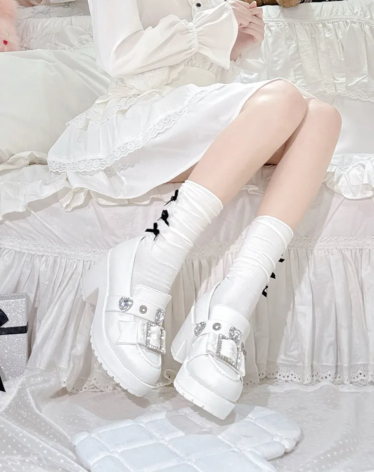 Matte White Heart-Shaped Rhinestones Platform Lolita Shoes Slipons