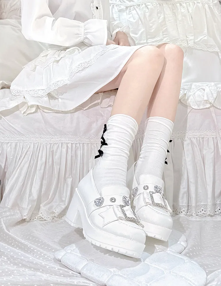 Matte White Heart-Shaped Rhinestones Platform Lolita Shoes Slipons