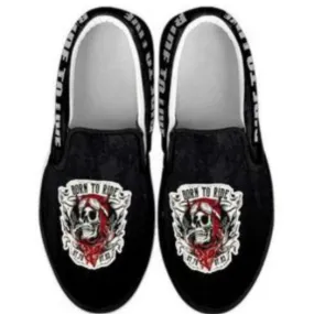 Skull Born to Ride, Ride to Live Slip-On Shoes for Him & Her, Canvas, Black Skull Born to Ride, Ride to Live Slip-On Shoes for Him & Her, Canvas, Black